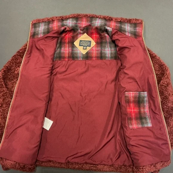 Pendleton Sherpa Fleece Zip Jacket Burgundy Plaid Wool Accent Women’s Small